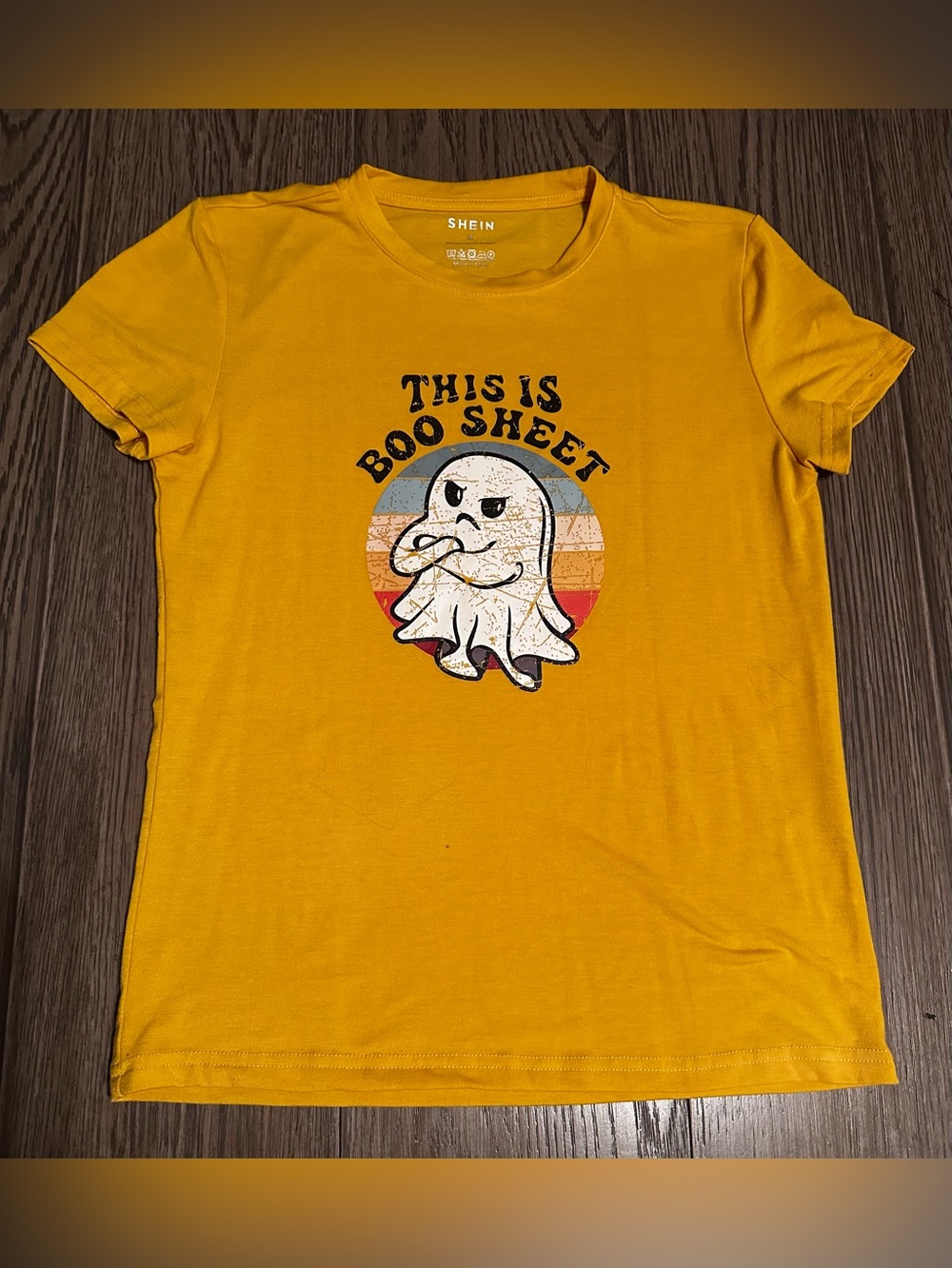 SHEIN Mustard Yellow Graphic Tee with Playful Ghost